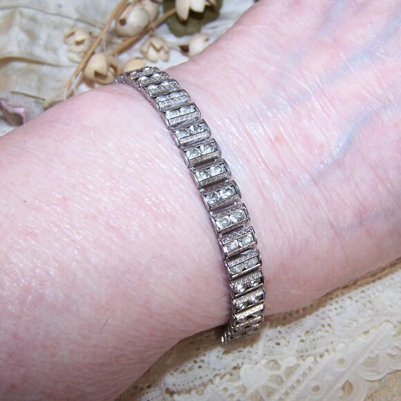 Art Deco Catamore Sterling Silver Rhinestone Line Bracelet - 7" Long - Picture 4 of 11